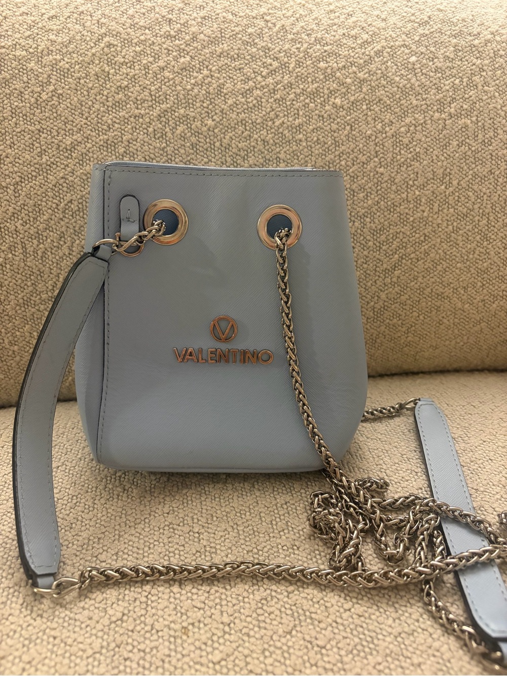 Valentino Powder Blue Saffiano Chain Bucket Bag
